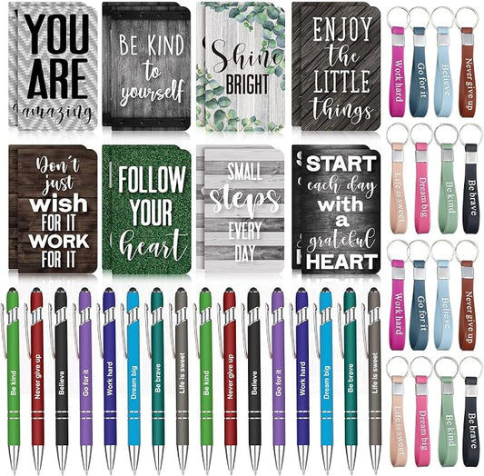 PerKoop 48 Pcs Inspirational Gifts Bulk Motivational Notepads Ballpoint Pens Keychains Set Modern Farmhouse Journal Notebooks Christian Gifts for Teachers School Office Party Favor Supplies