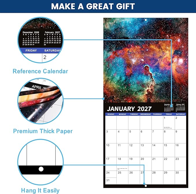 Calendar 2026-2027 - 2026-2027 Wall Calendar, Telescope Wall Calendar | Jul 2026 - Dec 2027, 12" x 24" (Open), Unruled Blocks(1.2" x 1.7") Calendar with Thick Glossy Paper, Printed clerly