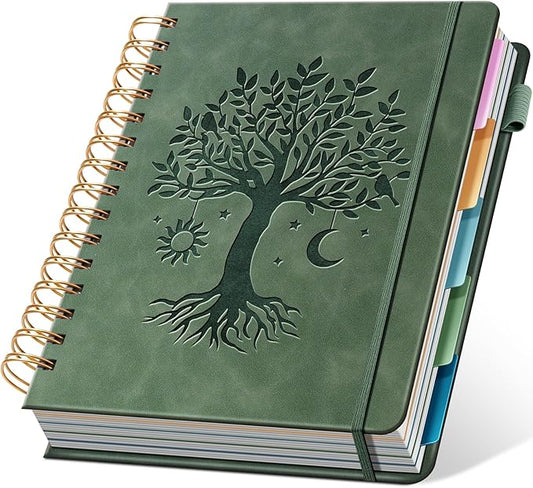 Ovesmusl Hardcover Spiral Notebook 6.1" x 8.4" with 5 Removable Dividers 300 Pages Leather 5 Subject Notebook College Ruled 100GSM Large Spiral Notebooks for Work Thick Lined Journal for Women, Green