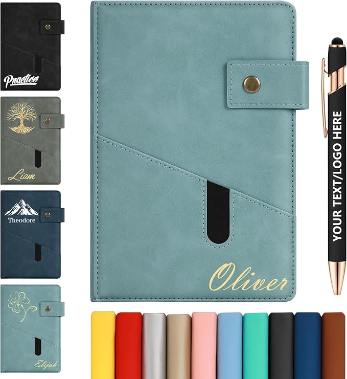 ENOMY Personalized Notebook & 10 PC Pens Set A5 Notebook with Ribbon Bookmark PU Leather Custom Notebook Cover for College Graduation Birthday Business Gifts, Light Blue