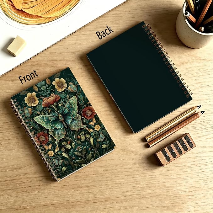 Dark Green Butterfly Journal Notebook 5.5x8.3, William Morris Inspired Insect Journal, Butterfly Gifts for Women, Art Nouveau Floral Botanical Notebooks for Work