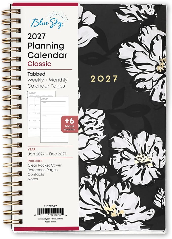 Blue Sky 2027 Weekly & Monthly Planner Calendar, 5"x8", Baccara Dark | January 2027 - December 2027, Clear Pocket Cover, Durable Twin Wire Binding, Laminated Tabs