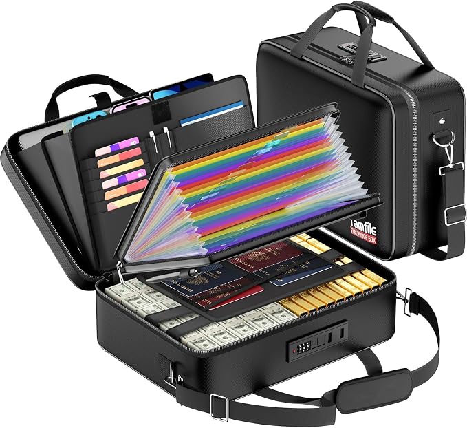 Tamfile Fireproof Document Box with Lock, Large Hard File Organizer, Black | Water Resistant, File Safe Box with 24 Colorful Pockets, Fire Safe Box for Important Documents, Valuables, Laptop, Passports