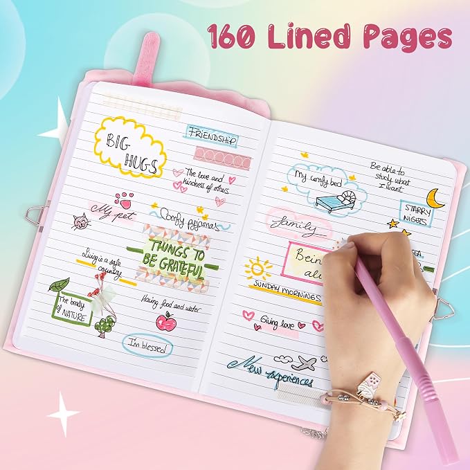 All In One Gift Kit for Girls – Back to School Supplies, Lock and Key Plush Journal Stationery Set with 53 Stickers, 1 Bracelet, 1 Coin Purse, 4 Straws and 3 Sticky Notes, for Kids, Toddlers, and Teens (Pink Boba)