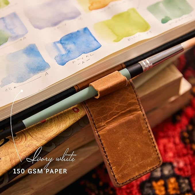 Leatherpress Luxury Leather Sketchbook, Hardcover Drawing Notebook | Pen Loop/Magnetic Closure, Acid Free 150gsm Thick Paper, Full-Grain Leather Artisan Collection (9.3” x 7.8” x .9”)