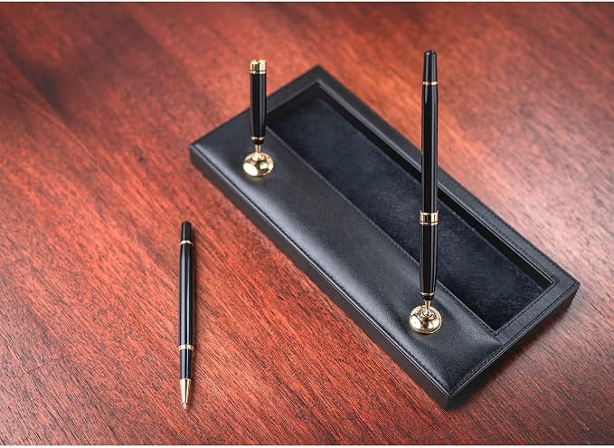 Dacasso Classic Black Leather Double Pen Stand w/Gold Accents - Luxury Executive Decor and Office Desk Surface Protector