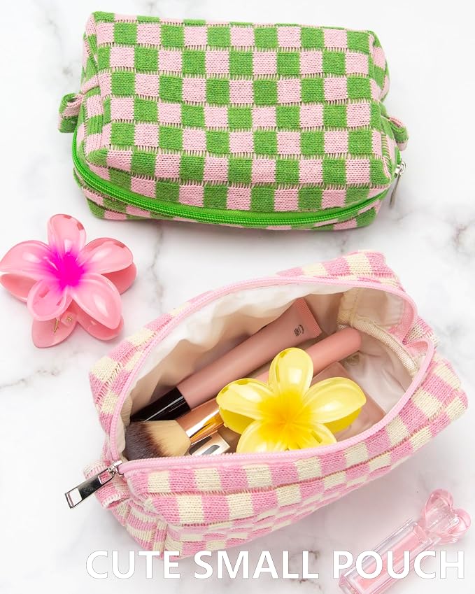 Checkered Makeup Bag for Purse, Small Cosmetic Pouch,Pink Beige,6 Pack | Cute Zipper Makeup Organizer for Women, Travel Essentials, Toiletries, Makeup Brushes, Beauty Accessories&Bridesmaid Gifts