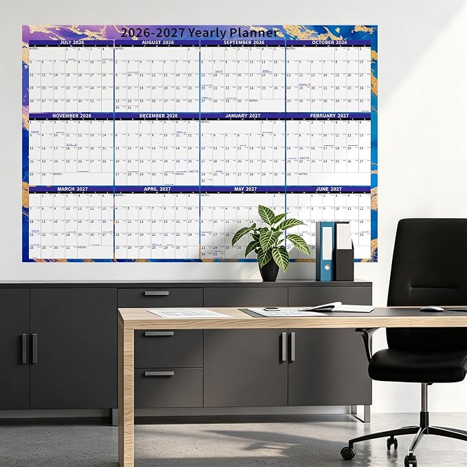 Ospelelf 2026-2027 Wall Calendar Large Dry Erase 32'' x 48'' Yearly Laminated, 2 Year Calendar for Office Family, Use July 2026 - June 2028 ((Marble)