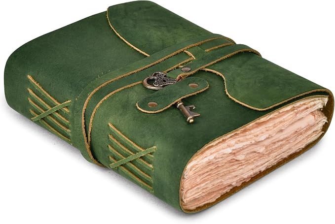LEATHER VILLAGE Vintage Leather Journal – 200 Handmade Vintage Deckle Edge Paper – Leather bound Journal For Women Men – Vintage Key Closure - Book of Shadows - Green - 6X4 inches (A6)