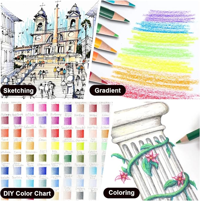 72 colored pencils with a soft core, perfect for drawing, blending, and coloring. This colored pencil set makes an ideal gift for adults, children, and beginners.