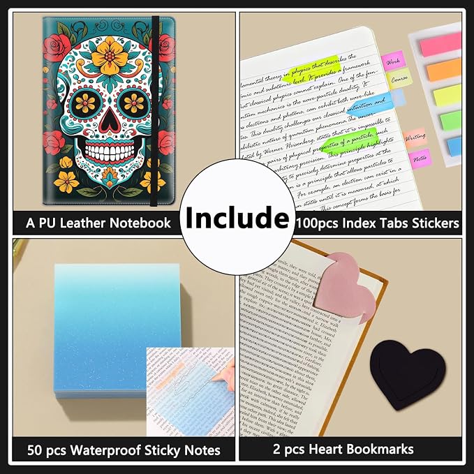 A5 Leather Lined Journal Notebook, 200 Pages Hardcover Executive Notebook for Men Women Office School Note Taking, Thick Writing Paper Daily Journal with Bookmarks/Indexes, Cute Sugar Skull