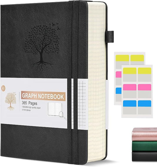 Ansopu Graph Paper Notebook Journal,360 Numbered Pages Grid Notebooks,Thick 100gsm Graphing Paper Notebook Journal for Writing Women Men, A5 Large Hardcover Leather Graph Notebook 5.75''× 8.38''Black