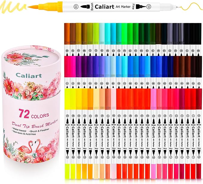 Caliart 72 Colors Double Tip Brush Pen Art Markers for Adult Coloring Books | Artist Fine & Brush Coloring Markers for Journaling Calligraphy Drawing Gifts Teacher Office Art Supplies