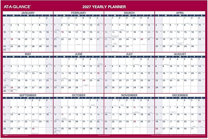 AT-A-GLANCE 2027 Erasable Calendar, Dry Erase Wall Planner, 48" x 32", Vertical-Horizontal, Reversible (PM3262827)