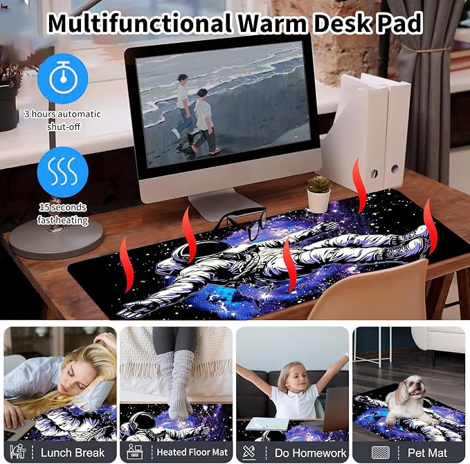 Warm Desk Pad,Heated Desk Pad,Office Mat,3 Heating Levels & 3 Hours Auto Shut-Off,31.5"*13" Gaming Mouse Laptop Keyboard Leather Desk Mat,Astronauts Space Purple
