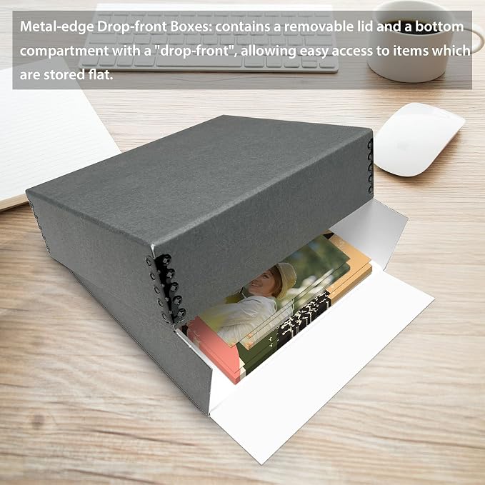 Golden State Art, Drop Front Archival Storage Box, Gray, 8.75x10.75x3 Inch | Acid-Free Museum Box with Metal Edge Corner, for Storing Artwork Photos Documents Prints Arts And Crafts