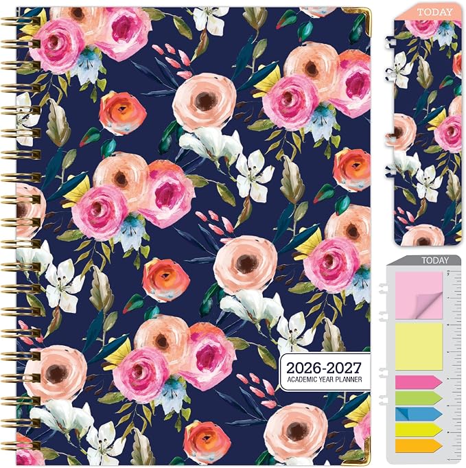 HARDCOVER Academic Year 2026-2027 Planner: 14 Months (May 2026 Through June 2027) 8.5"x 11" Daily Weekly Monthly Planner Yearly Agenda. Bookmark, Pocket Folder and Sticky Note Set (Small Navy Floral)