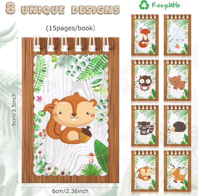 Clabby 32 Pieces Mini Notebooks for Kids Woodland Party Favors, Woodland Animal Mini Notepads Forest Animals Spiral Notebook Owl Raccoon Squirrel Rabbit Decor for Kids Classroom (Cute Style)
