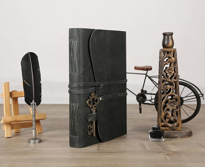 Leather Journal with Deckle Edge Paper 8x6 inch and Vintage Key | Handmade Writing Notebook Diary | Bound Daily Notepad for Men & Women Medium, Sketch/Writing pad for Artists