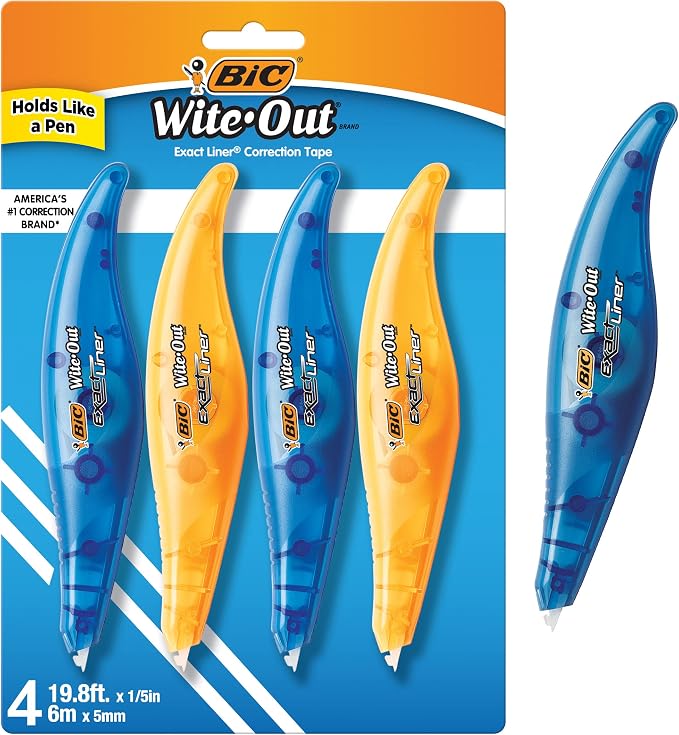 BIC Wite-Out Brand Exact Liner Correction Tape, 19.6 Feet, White, Fast, Clean and Easy to Use Tear-Resistant Tape, 4-Count