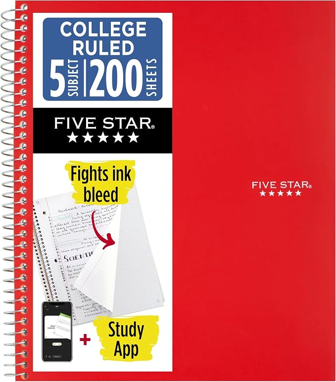 Five Star Spiral Notebook + Study App, 5 Subject, College Ruled Paper, 8-1/2" x 11", 200 Sheets, Fights Ink Bleed, Water Resistant Cover, Fire Red (72077), (Pack of 6)