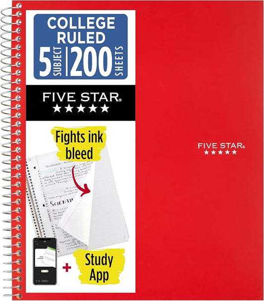 Five Star Spiral Notebook + Study App, 5 Subject, College Ruled Paper, 8-1/2" x 11", 200 Sheets, Fights Ink Bleed, Water Resistant Cover, Fire Red (72077), (Pack of 6)