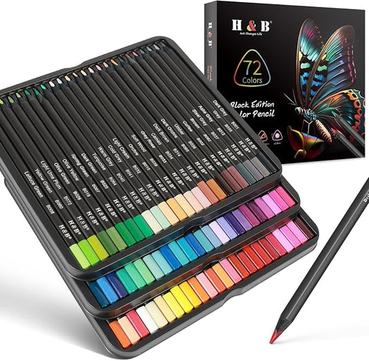 H & B 72-Color Oil-Based Colored Pencils Set with Tin Case – Triangular Grip, Vibrant Soft Core, Black Paper Swatch Sheet & Mandala Stencils for Adults, Beginners & Artists