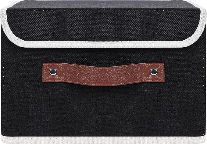 ANMINY Storage Bin with Lid Storage Boxes with PU Leather Handles PP Plastic Board Decorative Foldable Lidded Cotton Linen Fabric Home Cubes Baskets Closet Organizer Container - Black, Small Size