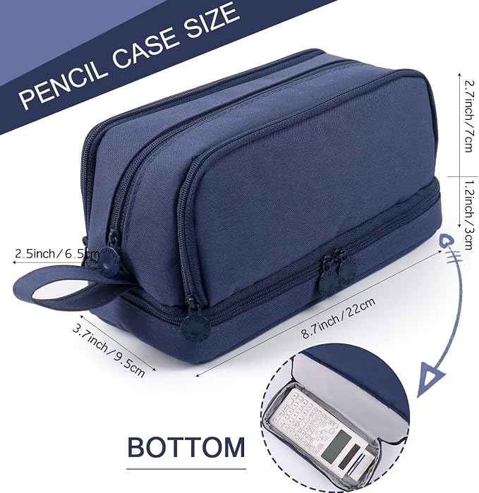 MAMUNU Large Capacity Pencil Case 4 Compartments, Pencil Pouch Bag with Zipper Portable Handle, Pen Case Bag Stationery Organizer for Office College School Adults Teen Girls Boys Men Women, Dark Blue