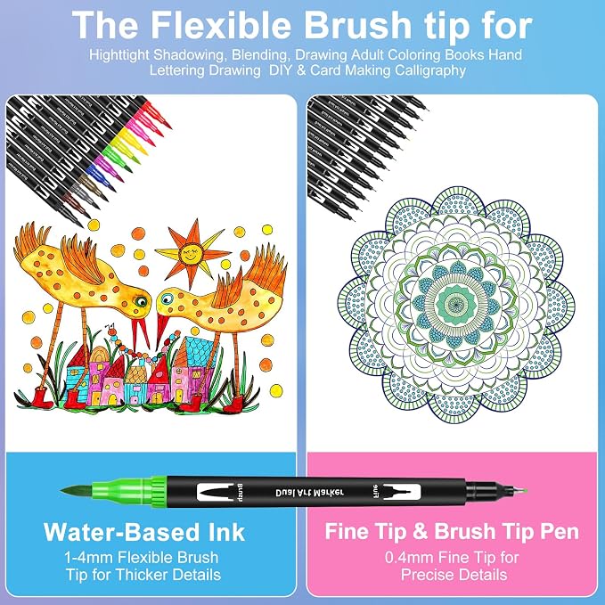 Double Tip Brush Pens Art Markers - 12 Vibrant Colors, Fine & Brush Tips for Coloring, Calligraphy, Journaling, Drawing, and Crafting - Non-Toxic, Water-Based Ink - Perfect for Kids & Adults
