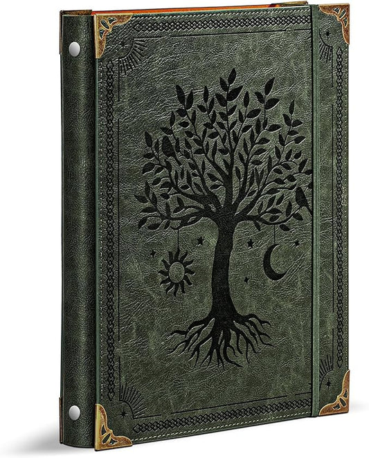 Ovesmusl Leather 3 Ring Binder Fits 8.5"x11" Letter Size Paper, 1 Inch Round Ring Binder Holds 200 Sheets, Notebook Cover Loose Leaf Organizer, Green Tree