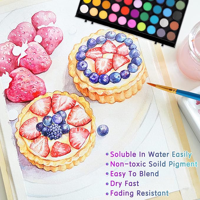 48 Colors Washable Watercolor Paint Set, with 3 Brushes Pen | watercolor palette, Non-toxic Water Color Paints Sets for Kids, Adults Artists Students Beginner,Travel Watercolor Set