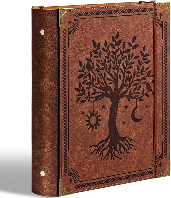 Ovesmusl PU Leather 3 Ring Binder Fits 8.5"x11" Letter Size Paper, 2 Inch Round Ring Binder Holds 500 Sheets, Notepad Paper Cover Loose Leaf Organizer, Brown Tree