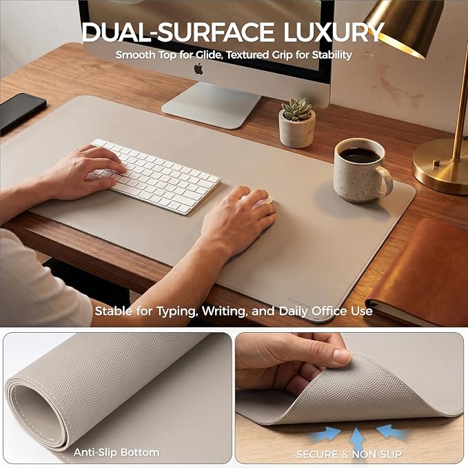 Large Desk Pad Non-Slip Desk Mat Protector for Keyboard Mouse Waterproof Vegan Leather Surface Faux Leather Laptop Mat Smooth Mouse Pad Premium Gift Tube Stone Gray 47" x 17"