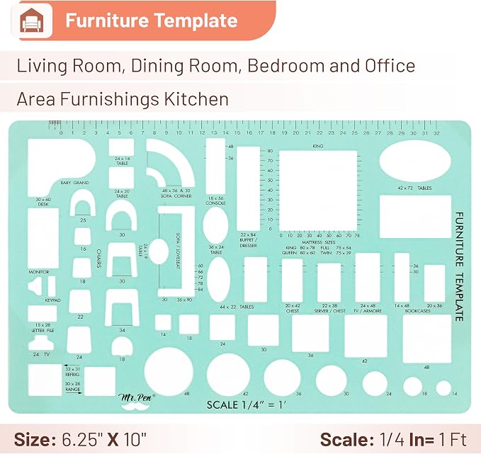 Mr. Pen- House Plan, 3 pcs, Interior Design and Furniture Templates | Clear Flexible Plastic, Drafting Tools, Ruler Shapes for Architecture, 1/4 Inch Scale, Kitchen, Bath, Bedroom, Office