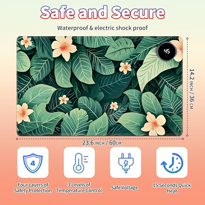Heated Desk Pad Large Mouse Pad 23.6 x 14.1 inch with 3 Levels Heating & Auto Shut-Off Warm Mouse pad PU Leather Computer Mousepad for Home Office Work - Green Leaf Flowers