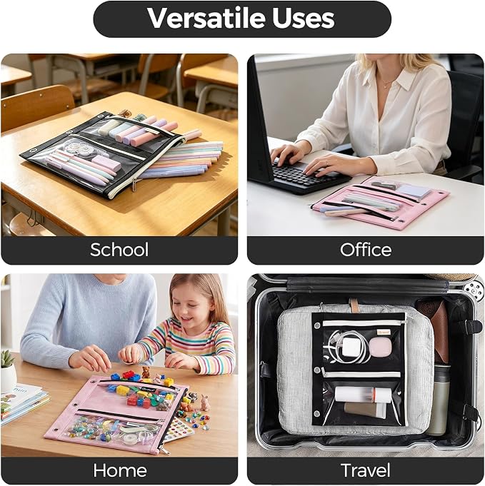 3 Ring Binder Pencil Pouch, 3-Pocket Zipper Pencil Case with Reinforced Grommets & Clear Window, Durable Pen Organizer for School Office Supplies Black