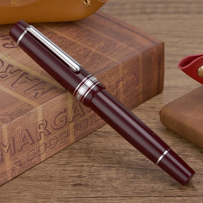 Wikult Yongsheng Junlai 930 Acrylic Fountain Pen, Size 9 Fine Nib with Piston Filling System, Wine Red Fence Ink Tank with Flat Top Design Smooth Writing Pen (Silver Trim)