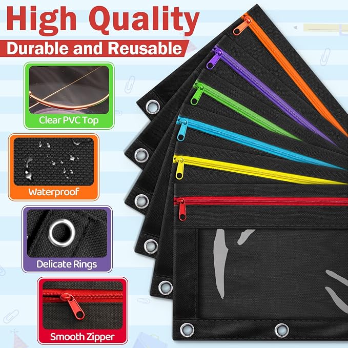 24 Pack Pencil Pouch for 3 Ring Binder, Featuring Colored Zippers & Transparent Windows, Multicolors Fabric Pencil Case Pouch Durable Zipper Pencil Bags in Bulk for Office School Supplies (6 Colors)