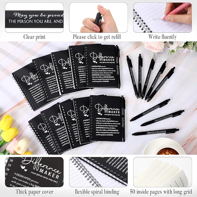 Resurhang 10 Sets Difference Maker Employee Appreciation Gift Bulk Inspirational A6 Spiral Notebook Journal Ballpoint Pens for Teacher Volunteer Coworker Team Back to School (Black)