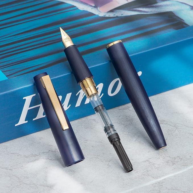 Jinhao 80 Denim Blue Fiber Brushed Fountain Pen, Iridium Ultra Fine Gold Nib with Ink Converter, Classic Design Smooth Writing Pen (Gold Clip)