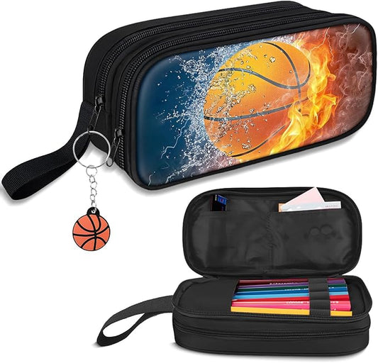 TILYTADLY Large Pencil Case for Boys - Basketball Boys Pencil Pouch with Zipper Compartments - Big Capacity Pen Box Pen Bag Organizer with Keychain for Kids Teens School