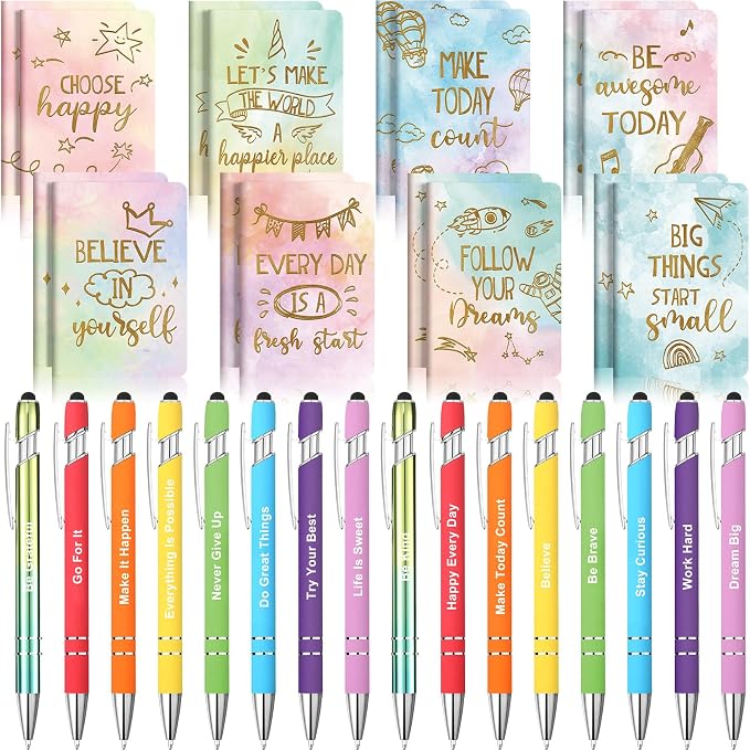 Funrous 32 Pcs Motivational Quote Pens Inspirational Notepads Mini Journal with Ballpoint Pen Small Notebooks Gift for Men Women Coworker Adult Party Favors Prize Teacher Student Office(Watercolor)