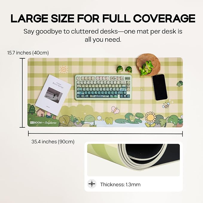 KiiBOOM X Cosydiaries Rainy Froggy Day Desk Mat, Non-Slip, 35.4’’ x 15.7’’ | Large Gaming & Office Mouse Pad for Keyboard/Mouse/Laptop, PU Leather, Durable & Waterproof