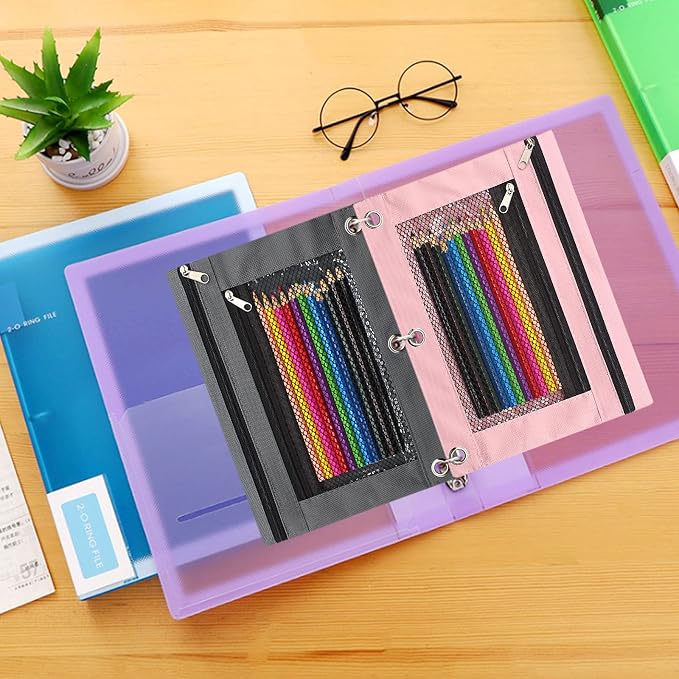 Pencil Pouch 3 Ring Binder Pouch Zippered Pencil Case Canvas Pencil Bag with 2 Compartments (Set of 2, Pink and Grey)
