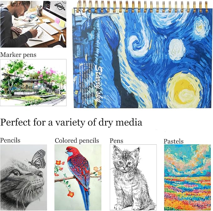 Starry Night Aesthetic Art Mix Media Sketchbook,98lb/160gsm Acid Free Thick Paper Drawing Sketching,1 Pack of A4 Blank Spiral Bound Journal Notebook, Sketch Pad Book for Student and Adult