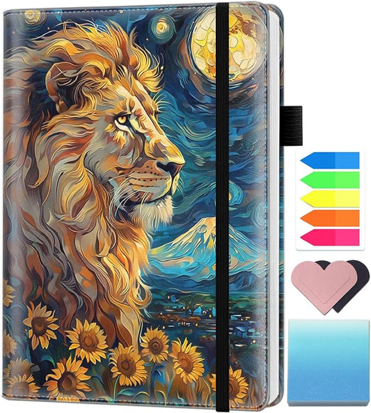 A5 Leather Lined Journal Notebook, 200 Pages Hardcover Executive Notebook for Men Women Office School Note Taking, Thick Writing Paper Daily Journal with Bookmarks/Indexes,Lion The Starry Night