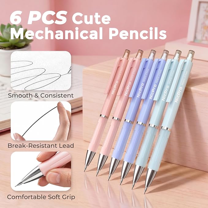 Nicpro 6PCS Cute Mechanical Pencil Set with Case, 0.7 mm Mechanical Pencils with 6 Tube HB Lead Refill, 3PCS Eraser, 9PCS Eraser Refill for School Supplies Student Writing, Drafting Drawing Sketching