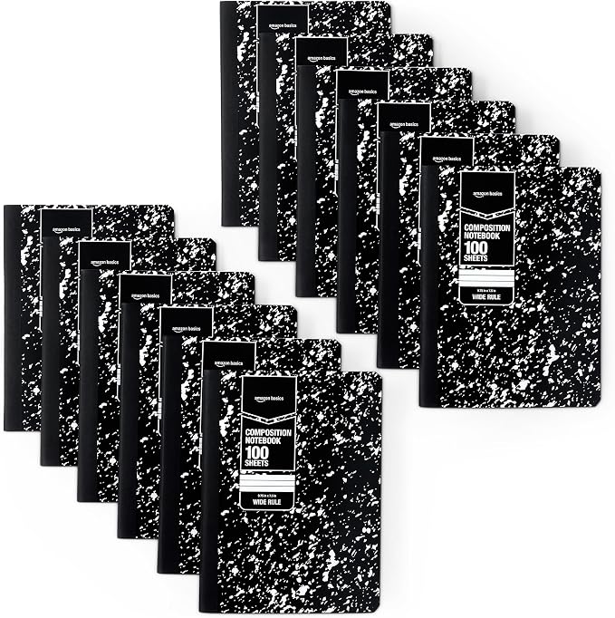 Amazon Basics Composition Notebook, Wide Ruled, 100 Sheets, 9.75" x 7.5", Marble Black, 12-Pack