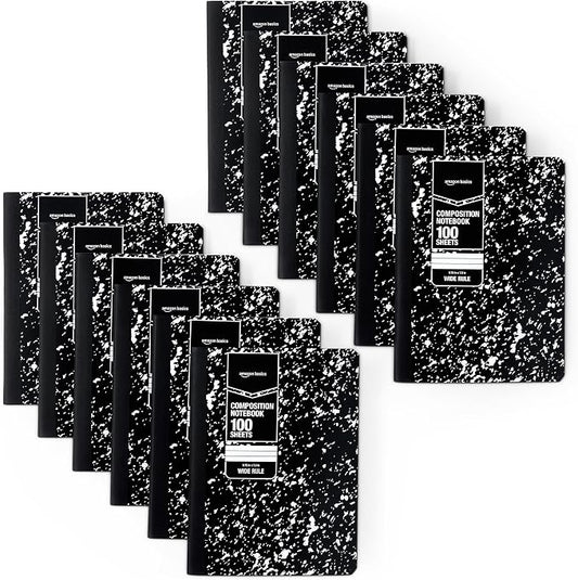 Amazon Basics Composition Notebook, Wide Ruled, 100 Sheets, 9.75" x 7.5", Marble Black, 12-Pack